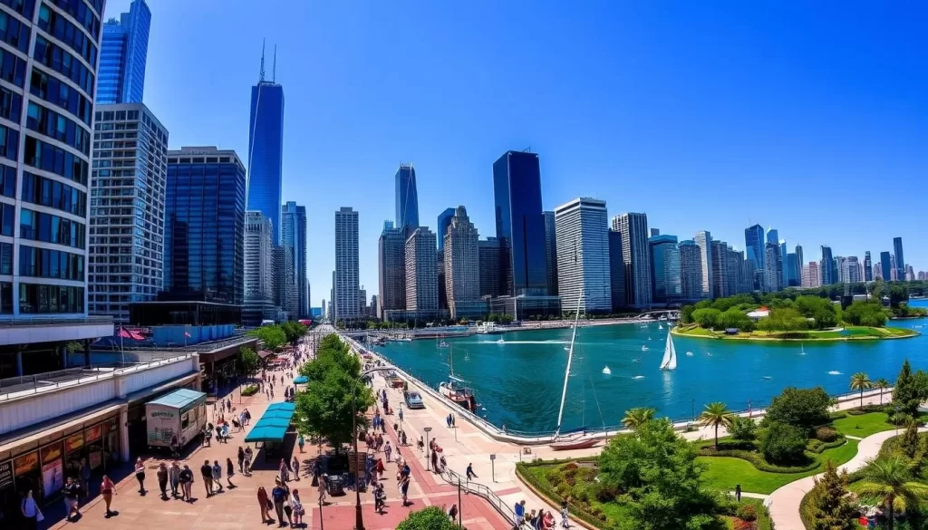 A picturesque cityscape of Chicago's iconic skyline, with the gleaming skyscrapers of the Loop district reaching towards a bright, azure sky. In the foreground, a bustling street scene with people strolling along the sidewalks, passing by vibrant storefronts and cafes. The middle ground features the serene waters of Lake Michigan, dotted with sailboats and kayaks. In the background, the lush greenery of parks and gardens provides a serene contrast to the urban landscape. Capture the energy and vibrancy of this dynamic city, utilizing natural lighting and a wide-angle lens to showcase the full scope of the scene.