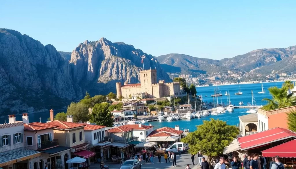 A picturesque cityscape of Fethiye, Turkey on a pleasant day. In the foreground, vibrant shops and cafes line the waterfront promenade, bustling with locals and tourists. Towering limestone cliffs form a dramatic backdrop, their rugged contours casting long shadows over the scene. In the middle ground, the historic Fethiye Castle stands tall, its stone walls gleaming in the warm sunlight. In the distance, the azure waters of the Aegean Sea stretch out, dotted with sailboats and yachts. The overall atmosphere is one of tranquility and Mediterranean charm.