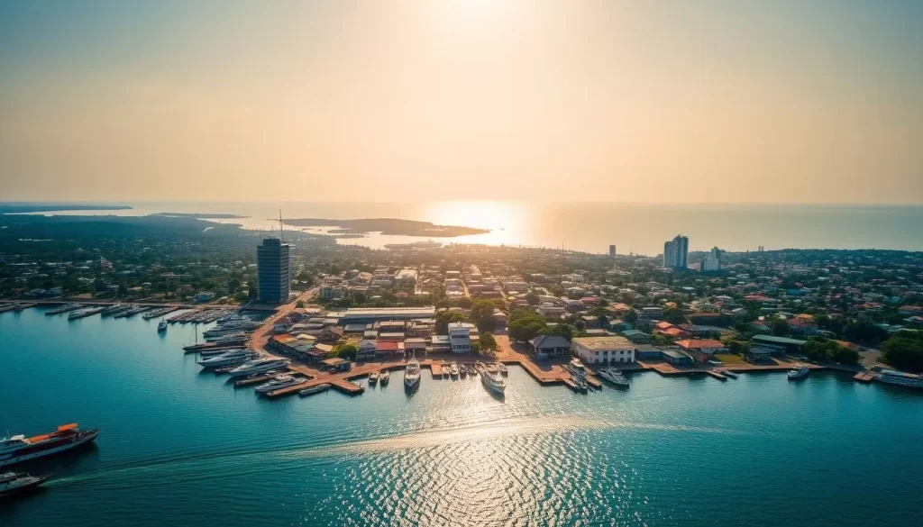 A picturesque cityscape of Kisumu, Kenya, nestled along the serene shores of Lake Victoria. In the foreground, bustling docks and boats dot the glimmering waters, while the middle ground reveals the vibrant city skyline, its colorful buildings and high-rises reaching towards the warm, golden-hour sun. In the background, the vast expanse of the lake stretches out, its horizon softly blurred. Captured through a wide-angle lens, this scene conveys a sense of tranquility and vitality, inviting the viewer to explore the charming lakeside city.