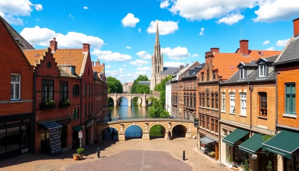 A picturesque cityscape of Leuven, Belgium, on a sunny day. In the foreground, cobblestone streets wind through historic brick buildings with charming details like ornate facades and cozy cafes. The mid-ground features the iconic Saint Peter's Church, its towering spire reaching towards a bright blue sky dotted with fluffy white clouds. In the distance, the serene Dijle River flows under arched stone bridges, surrounded by lush greenery. A warm, inviting atmosphere pervades the scene, capturing the essence of Leuven as a hidden gem waiting to be discovered.