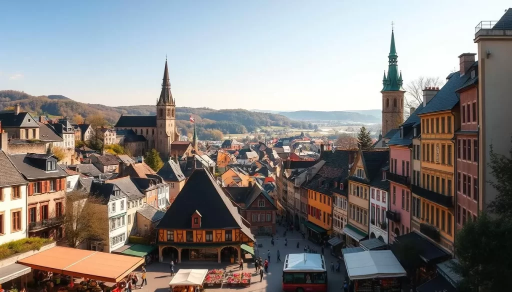 A picturesque cityscape of Luxembourg City, the capital of the Grand Duchy of Luxembourg. Set against a backdrop of rolling hills, the medieval old town with its steep, winding streets and historic buildings is bathed in warm afternoon sunlight. In the foreground, a bustling market square with vendors selling local produce and artisanal crafts. In the middle ground, the iconic Notre-Dame Cathedral and the imposing Chemin de la Corniche, a stunning promenade that offers breathtaking views of the Alzette River valley. The atmosphere is one of vibrant energy and timeless charm, inviting the viewer to explore the city's rich history and cultural heritage.
