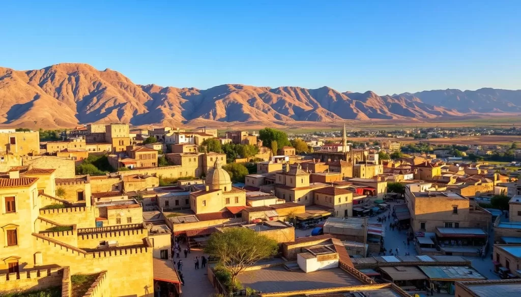 A picturesque cityscape of Mardin, Turkey, nestled upon a hilltop. In the foreground, the historic limestone buildings and winding alleyways of the old city come to life, their intricate architectural details casting warm shadows under the golden afternoon sun. The middle ground reveals the bustling marketplace, where locals and visitors mingle amidst the vibrant displays of handicrafts and spices. In the distance, the rugged, weathered mountains frame the scene, their peaks glistening under the clear, azure sky. The overall atmosphere is one of timeless charm and cultural richness, inviting the viewer to explore the unique geography and history of this enchanting city.
