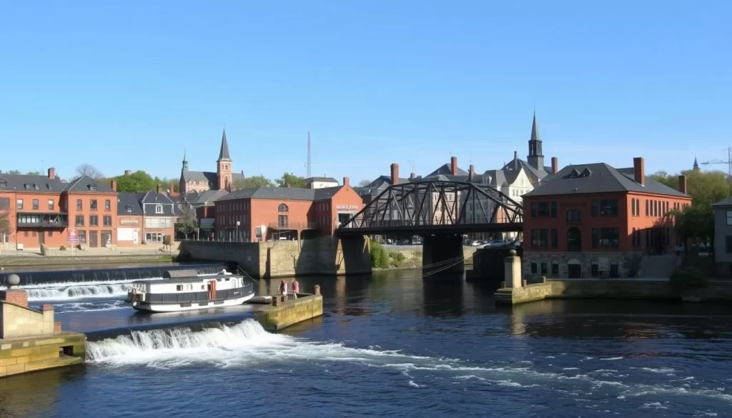 A picturesque cityscape of Pawtucket, Rhode Island on a sunny day. In the foreground, the historic Pawtucket Falls and the Blackstone River flow gently, flanked by 19th-century mill buildings in warm brick and stone. The middle ground features the iconic Pawtucket River Bridge, a wrought-iron structure spanning the river. In the background, the skyline is dotted with church steeples and the distinct silhouettes of Pawtucket's historic architecture. Soft, diffused lighting illuminates the scene, casting a warm, inviting atmosphere. Capture the timeless charm and rich history of this Rhode Island gem.
