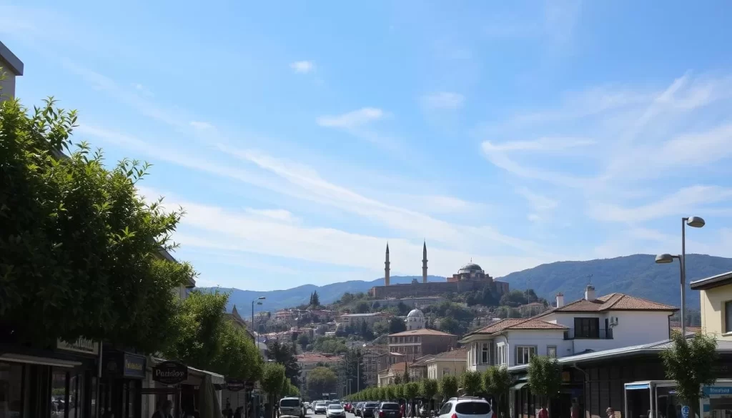 A picturesque cityscape of Samsun, Turkey, on a sunny day. In the foreground, a bustling street lined with charming cafes, shops, and local vendors. In the middle ground, the iconic landmarks of the city, such as the Atatürk Monument and the Samsun Castle, stand tall against a backdrop of rolling hills. The sky is a brilliant blue, with wispy clouds casting gentle shadows over the scene. Sunlight filters through the trees, creating a warm and inviting atmosphere. The image captures the vibrant energy and cultural richness of Samsun, inviting viewers to explore this captivating destination.