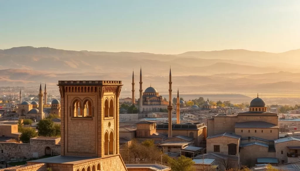 A picturesque cityscape of Urfa, Turkey, bathed in warm, golden light. In the foreground, a grand, ancient stone edifice stands tall, its intricate carvings and archways reflecting the city's rich cultural heritage. Towering minarets and domes of mosques dot the skyline, while in the middle ground, narrow streets wind between traditional stone houses and bustling markets. In the distance, rolling hills and lush greenery create a serene, pastoral backdrop, evoking the region's natural beauty. The scene conveys a sense of timelessness, a seamless blend of the historic and the contemporary, inviting the viewer to discover the deep-rooted significance of this remarkable city.