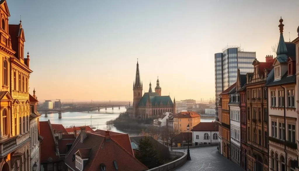 A picturesque cityscape of Wrocław, Poland's hidden gem, unfolds before the viewer. In the foreground, cobblestone streets wind through historic architecture, with ornate facades and spires reaching skyward. The middle ground showcases the iconic Ostrów Tumski, a breathtaking island cathedral nestled along the Oder River, its gothic towers reflecting in the calm waters. In the background, modern high-rises and office buildings seamlessly blend with the city's timeless beauty, bathed in warm, golden-hour light. A serene, inviting atmosphere pervades the scene, capturing the essence of Wrocław's captivating charm.