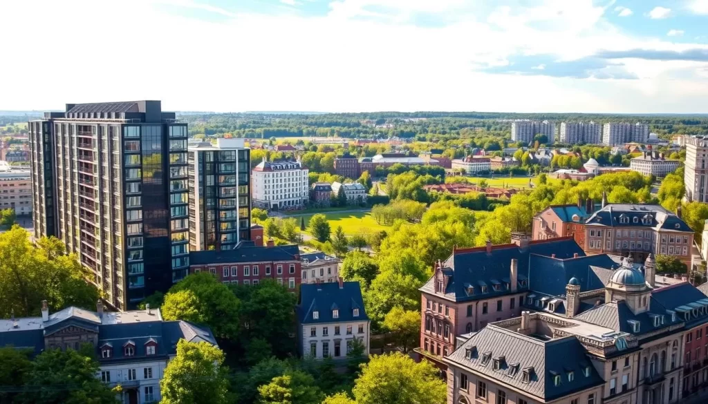 A picturesque cityscape showcasing the accommodation options in Katowice, Poland. In the foreground, modern apartment buildings and hotels with sleek, contemporary designs stand tall, their facades adorned with glass and steel. The middle ground features charming boutique hotels nestled among historic structures, their ornate facades and gabled roofs hinting at the city's rich heritage. In the background, lush green parks and tree-lined boulevards provide a serene backdrop, accentuated by a bright, sunny sky with wispy clouds. Warm, ambient lighting casts a welcoming glow over the scene, inviting visitors to explore the diverse range of accommodations Katowice has to offer.
