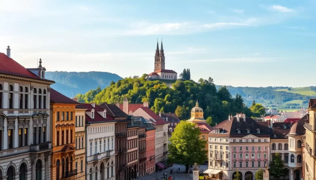 A picturesque cityscape showcasing the architectural charm of Graz, Austria. In the foreground, stately Renaissance and Baroque buildings line the cobblestone streets, their ornate facades reflecting the warm glow of the afternoon sun. In the middle ground, the iconic Schlossberg Hill rises up, its lush green slopes leading to the striking clock tower that dominates the skyline. In the background, the rolling hills of the surrounding countryside provide a serene and natural backdrop. The scene radiates a sense of timeless elegance and cultural heritage, inviting the viewer to explore the city's rich history and vibrant spirit.