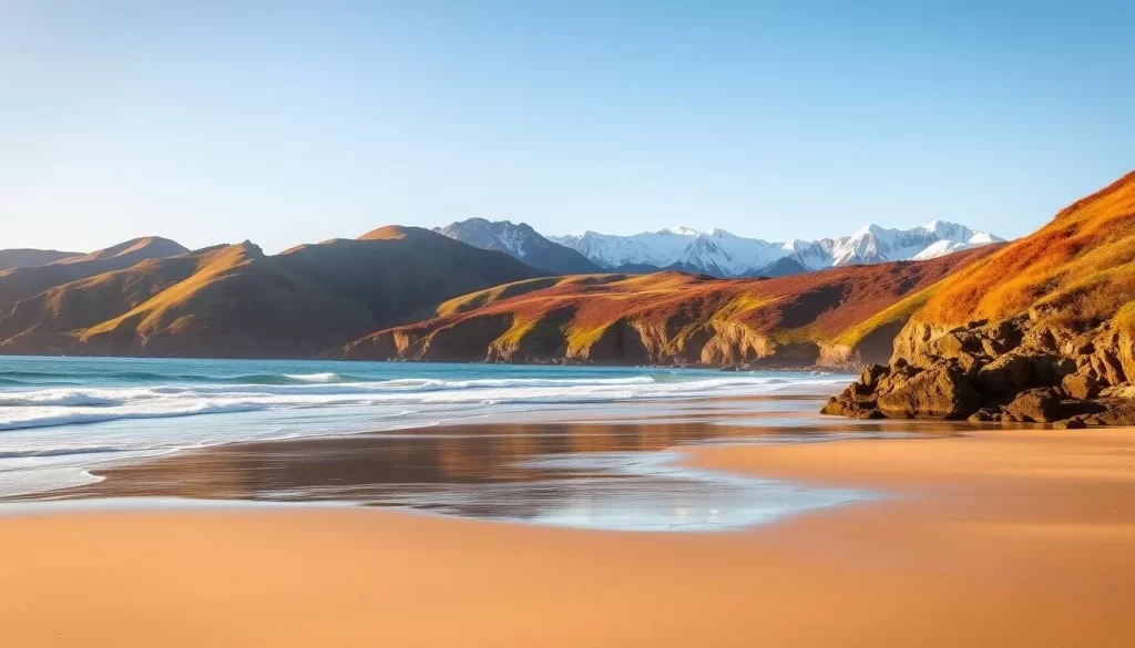 A picturesque coastal landscape along the West Coast, bathed in golden sunlight. In the foreground, a serene beach with soft sand and gentle waves lapping at the shore. In the middle ground, lush, verdant hills and cliffs rise up, dotted with vibrant vegetation. In the background, majestic snow-capped mountains pierce the clear, azure sky. The scene exudes a sense of tranquility and natural beauty, inviting the viewer to immerse themselves in the ideal weather-savvy travel experience of the West Coast.