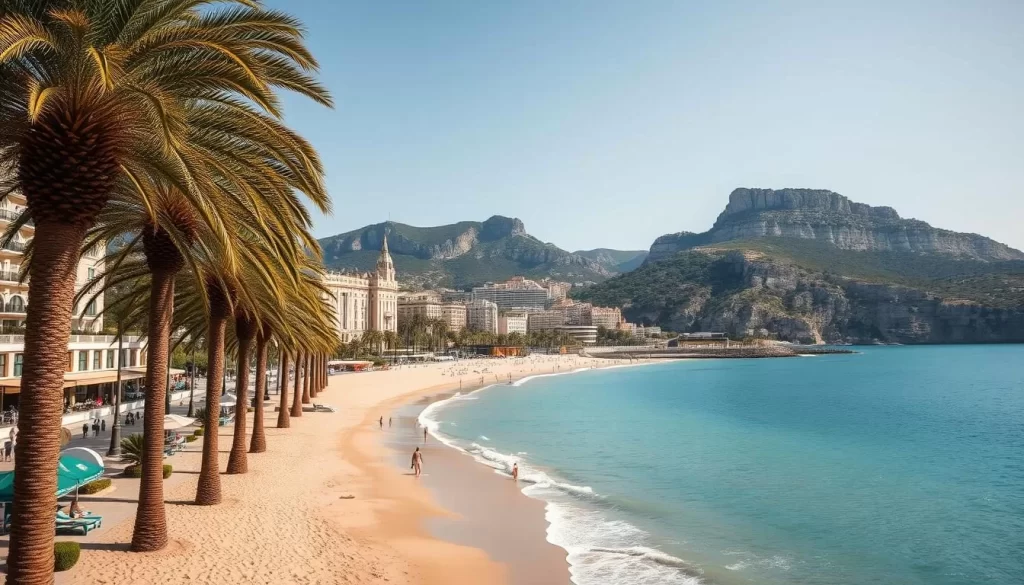 A picturesque coastal scene along the French Riviera, showcasing sun-drenched beaches with fine, golden sand and crystal-clear turquoise waters. In the foreground, towering palm trees sway gently in the warm Mediterranean breeze. The middle ground features well-manicured promenades lined with chic cafes, boutiques, and historic buildings in a classic, Mediterranean architectural style. In the distance, rugged, verdant hills and cliffs rise up, creating a stunning natural backdrop. The scene is bathed in soft, diffused natural lighting, casting a warm, inviting glow over the entire landscape. Capture the laid-back, sophisticated ambiance of this iconic Mediterranean destination.