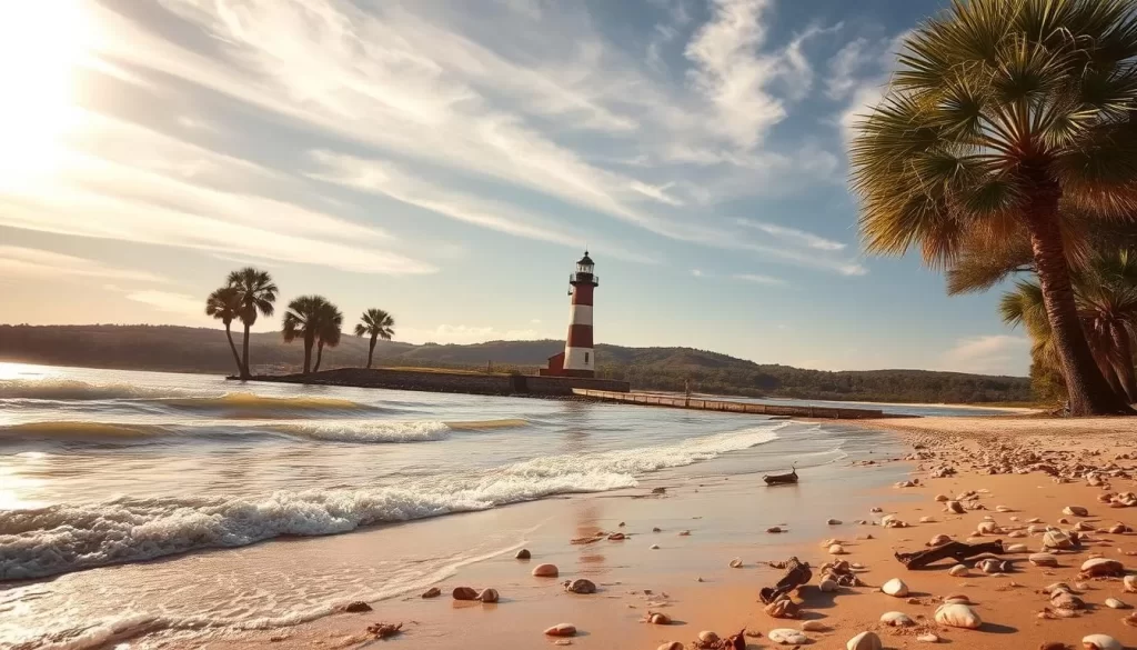 A picturesque coastal scene in South Carolina, showcasing the regional weather differences. Warm sunlight filters through wispy clouds, casting a golden glow over the serene beach. In the foreground, gentle waves lap at the shore, dotted with seashells and driftwood. Lush palm trees sway in a mild ocean breeze, their fronds casting intricate shadows. In the middle ground, a historic lighthouse stands proud, its brick facade weathered by the elements. Beyond, rolling hills and pine forests stretch into the distance, hinting at the contrasting inland climate. The overall mood is one of tranquility and the harmony between land and sea.