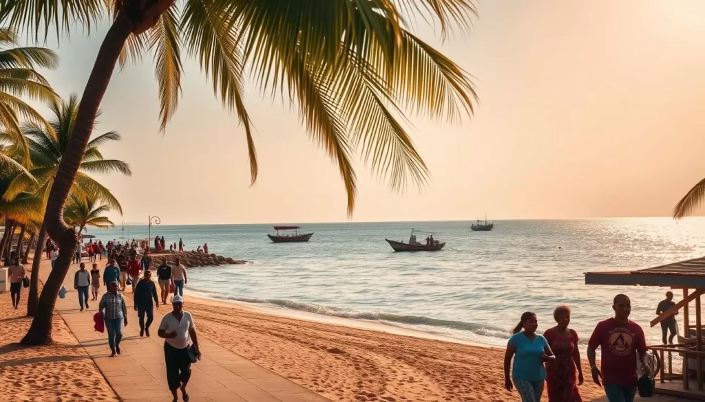 A picturesque coastal town in Togo, Aneho, basking in the warm, golden sunlight of a balmy day. The calm waters of the Atlantic Ocean gently lap at the sandy shores, as locals and visitors alike stroll along the beachfront promenade, taking in the vibrant, lively atmosphere. Palm trees sway in the gentle breeze, casting patterned shadows on the scene. In the distance, traditional fishing boats bob on the horizon, adding to the tranquil, idyllic charm of the setting. The mood is one of relaxation and enjoyment, inviting exploration of this captivating West African destination.