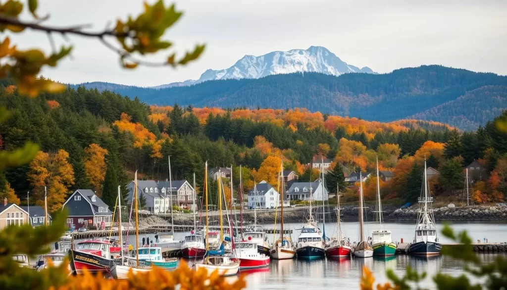 A picturesque coastal town nestled along the rocky shores of Maine, Bar Harbor showcases its seasonal charm. In the foreground, a quaint harbor bustles with traditional fishing boats, their vibrant hulls reflecting in the calm waters. Mid-frame, lush evergreen forests cling to the gently rolling hills, their verdant hues punctuated by the vibrant foliage of autumn. The background reveals the dramatic silhouette of Cadillac Mountain, its rugged peaks basking in soft, diffused natural lighting. The overall scene conveys a sense of tranquility and timeless New England beauty, perfectly capturing the essence of Bar Harbor's captivating seasonal climate.