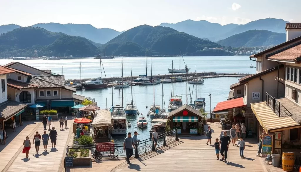 A picturesque coastal town nestled along the serene shores of Budai Harbor, Taiwan. Capture the peaceful atmosphere with a sun-dappled promenade lined with traditional Taiwanese architecture. In the foreground, families stroll leisurely, stopping to admire the charming fishing boats bobbing in the harbor's calm waters. The middle ground features vibrant local markets and quaint shops, their colorful awnings and signage adding a lively touch. In the distance, the harbor is framed by verdant hills and mountains, their silhouettes reflected in the glimmering surface. Use a wide-angle lens to convey the expansive, tranquil setting, with soft, warm lighting that enhances the picturesque, idyllic mood.