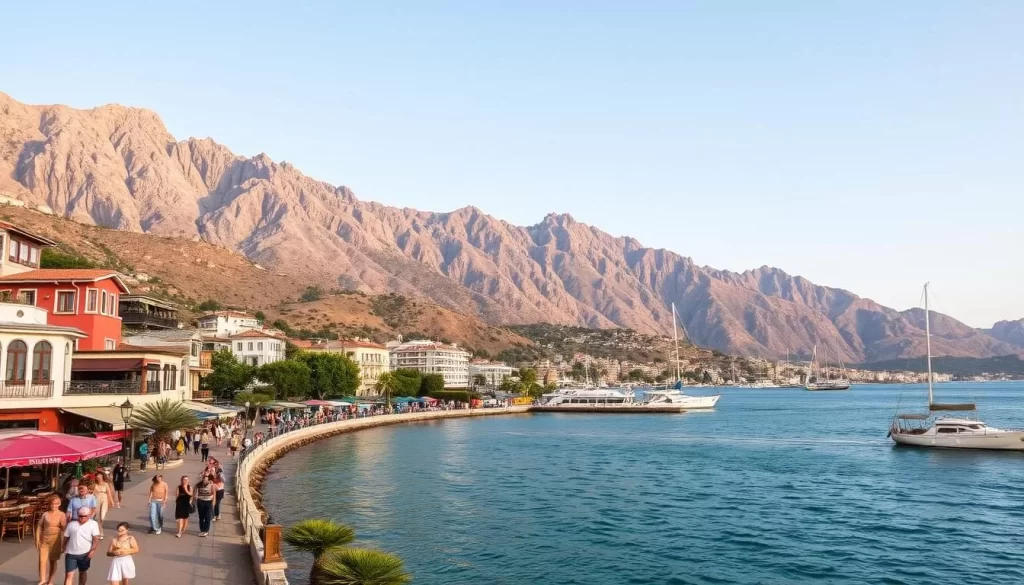 A picturesque coastal town nestled along the turquoise waters of the Aegean Sea. Marmaris' charming harbor is lined with vibrant cafes, shops, and yachts bobbing gently in the mild breeze. In the foreground, locals and tourists stroll the promenade, taking in the sights and sounds of this Mediterranean paradise. Towering mountains rise majestically in the background, their rugged peaks bathed in warm, golden sunlight. Sailboats glide across the calm, shimmering surface, adding to the serene, relaxed atmosphere. Capture the essence of Marmaris' coastal beauty - a picturesque Turkish town where the land meets the sea in perfect harmony.