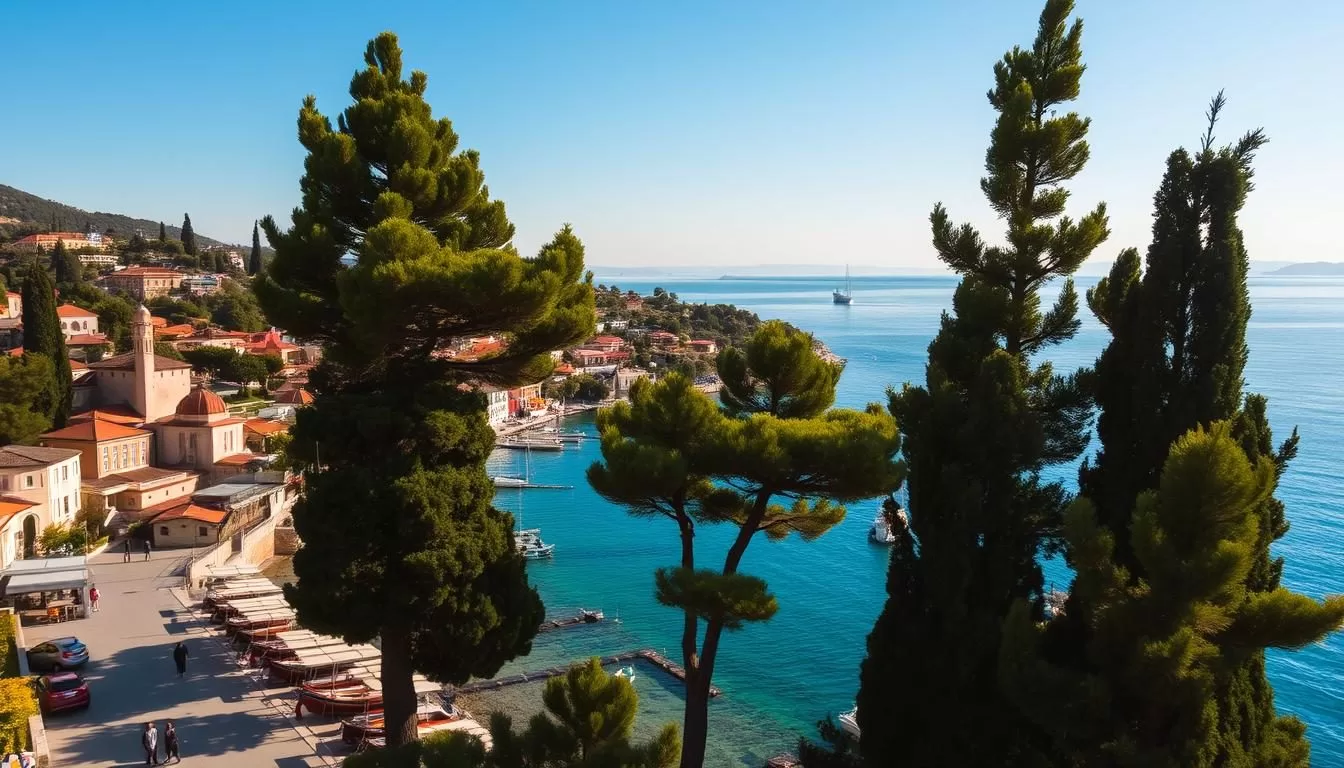 A picturesque coastal town nestled among the serene Prince Islands, Burgazada Island shines under the warm sun. Gaze upon the charming historic architecture lining the seaside promenade, with fishing boats gently bobbing in the turquoise waters. Towering cypress trees sway in the gentle breeze, casting soft shadows across the idyllic scene. In the distance, the silhouettes of the other islands dot the horizon, creating a serene and tranquil atmosphere. Capture the essence of this beloved Turkish destination, with its unique blend of natural beauty and cultural heritage.