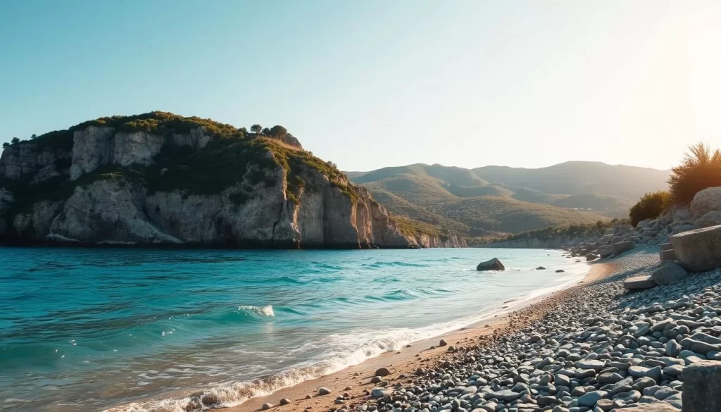 A picturesque coastline embracing Sovalye Island in Turkey on a pleasant day. The foreground features a serene turquoise sea gently lapping against a sandy shore dotted with smooth pebbles. In the middle ground, rugged cliffs rise up, their weathered faces covered in lush Mediterranean vegetation. Toward the horizon, the island's rolling hills are bathed in warm, golden sunlight, creating a serene and inviting atmosphere. The scene is captured through a wide-angle lens, conveying a sense of expansive grandeur. The lighting is soft and natural, casting long shadows and highlighting the diverse textures of the landscape. Overall, the image evokes a tranquil and picturesque setting, perfectly suited to showcase the charm and accessibility of Sovalye Island.