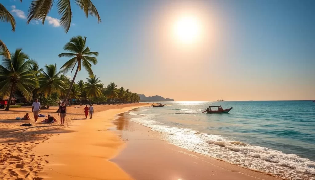 A picturesque coastline with turquoise waters lapping against soft, golden sands. Lush palm trees sway gently in the warm breeze, casting dappled shadows on the tranquil scene. The sun sits high in a clear, azure sky, illuminating the idyllic landscape with a golden glow. Beachgoers stroll along the water's edge, taking in the serene atmosphere. In the distance, traditional fishing boats dot the horizon, adding to the peaceful, timeless ambiance of Ngapali Beach, Myanmar's premier seaside destination.