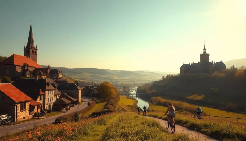A picturesque countryside landscape, with rolling hills, lush green meadows, and a winding river flowing through the middle. In the foreground, a quaint village with charming stone buildings and cobblestone streets. Towering church steeples and warm-hued rooftops dot the skyline. In the middle ground, a group of cyclists enjoying a leisurely ride along a scenic bike path, surrounded by vibrant wildflowers. In the distance, a majestic castle or historic landmark, its grand architecture silhouetted against a bright, cloudless sky. The scene is bathed in warm, golden sunlight, evoking a sense of tranquility and exploration. Soft shadows and gentle highlights add depth and dimension to the image.