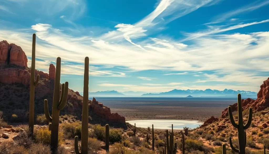 A picturesque desert landscape in Arizona, capturing the region's diverse weather patterns. A bright, azure sky with wispy cirrus clouds casts a warm glow over the rugged, ochre-hued terrain. In the foreground, towering red-rock formations and towering saguaro cacti stand tall, casting dramatic shadows. In the middle ground, a shimmering mirage effect reflects the arid, sun-drenched atmosphere. In the distance, distant mountain ranges rise up, their peaks capped with a dusting of snow. The scene exudes a sense of tranquility and the natural beauty that defines the seasonal changes of Arizona.