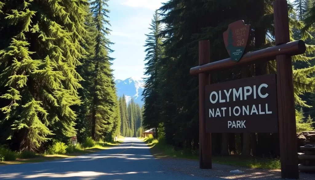 A picturesque entrance to Olympic National Park, framed by towering evergreen trees and a sun-dappled roadway. In the foreground, a rustic wooden sign stands proudly, inviting visitors to discover the park's natural wonders. The middle ground features a well-maintained gravel path, leading deeper into the lush, verdant landscape. In the distance, a hint of snow-capped peaks emerges, promising breathtaking vistas. The scene is bathed in soft, natural lighting, creating a warm and inviting atmosphere. This image captures the essence of planning an adventure in the Olympic Peninsula, where nature's grandeur awaits.