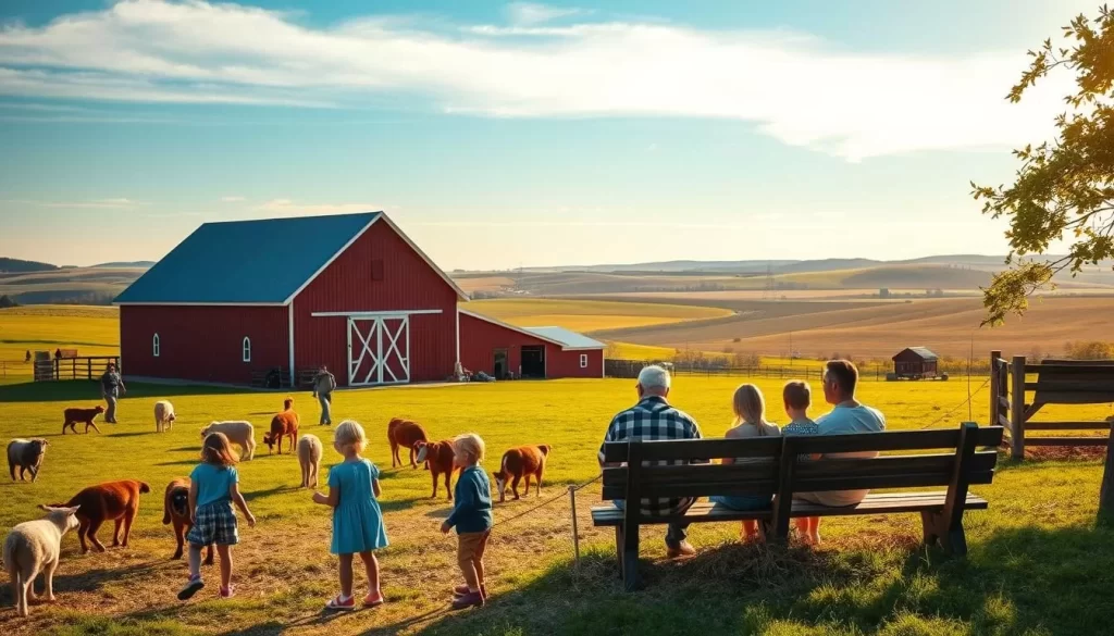 A picturesque family farm in the heart of the Midwest, with a red barn, a white farmhouse, and a lush green pasture. In the foreground, a group of children explore the grounds, feeding the friendly farm animals and playing in the hay. In the middle ground, a family sits together on a rustic wooden bench, enjoying a picnic lunch and taking in the serene countryside. The background is a panoramic vista of rolling hills, a cloudless blue sky, and the warm, golden sunlight that casts a soft, inviting glow over the entire scene. The atmosphere is one of wholesome, family-friendly bliss, capturing the quintessential charm of a Midwestern farm visit.