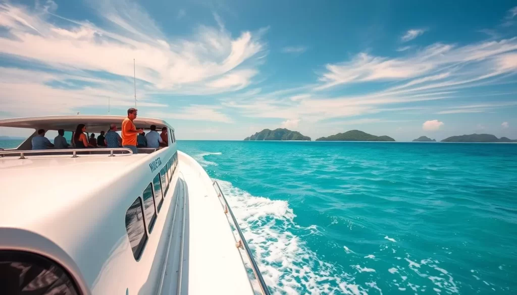 A picturesque ferry cruising across the shimmering turquoise waters of the South China Sea, en route to the idyllic Redang Island. The vessel's sleek white exterior gleams in the bright tropical sun, its hull effortlessly cutting through the gentle waves. Passengers stand at the bow, gazing out at the horizon, anticipation etched on their faces as they prepare to explore the island's pristine beaches and lush, verdant interior. The ferry's wake trails behind, leaving a foaming trail in its path. Overhead, wispy clouds dot the azure sky, adding to the serene, relaxing atmosphere. A tranquil and inviting scene, perfectly capturing the journey to this Malaysian island paradise.