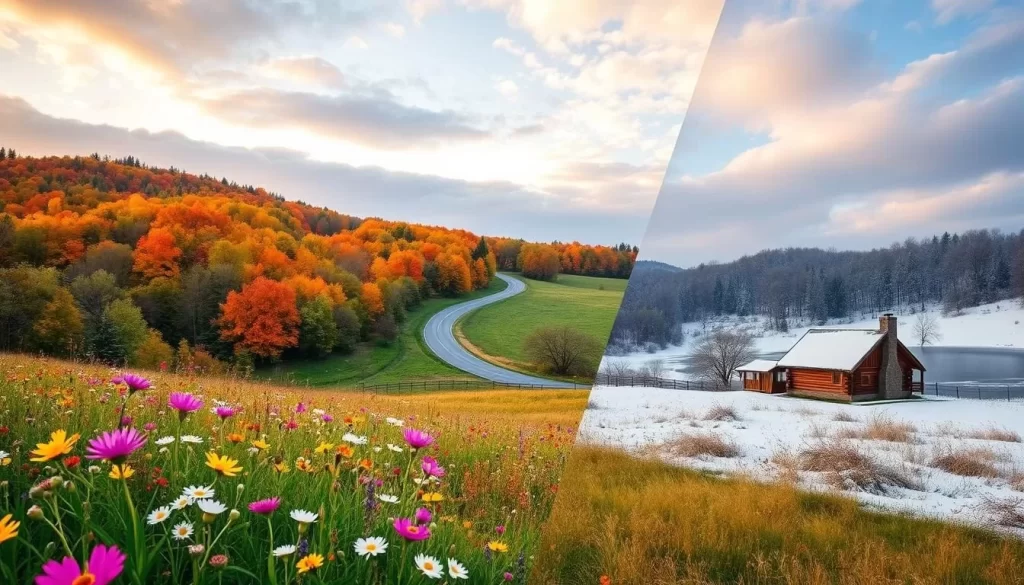 A picturesque four-season landscape of Maryland, USA. In the foreground, a field of blooming wildflowers in spring. In the middle, a winding country road flanked by vibrant autumn foliage. In the background, a snowy winter wonderland with a frozen lake and a picturesque log cabin. Soft, warm lighting illuminates the scene, creating a serene and inviting atmosphere. Capture the essence of Maryland's diverse and ever-changing natural beauty throughout the year.