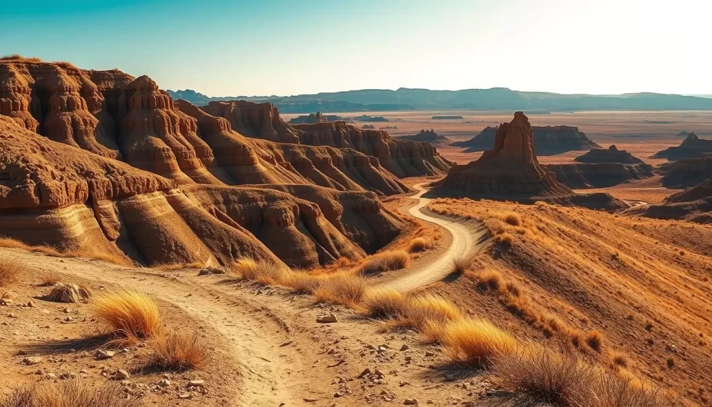 A picturesque hiking trail winding through the dramatic landscapes of Badlands National Park, South Dakota. The foreground features a well-maintained dirt path leading through the park's iconic rugged terrain, with layers of eroded rock formations in shades of tan, ochre, and charcoal rising up in the middle ground. The background showcases the park's vast, sweeping vistas, with distant buttes and spires silhouetted against a clear, bright sky. The scene is bathed in warm, natural lighting, capturing the serene and awe-inspiring atmosphere of this one-of-a-kind hiking destination.