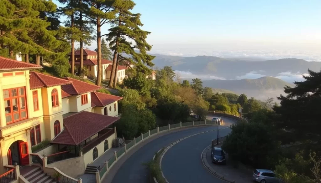 A picturesque hilltown nestled in the Himalayan foothills, Mussoorie's charming architecture and lush, verdant surroundings come alive under a warm, golden light. Capture the town's historic buildings, their elegant colonial facades and sloping roofs, framed by towering pine and cedar trees. Showcase the winding roads that lead to scenic viewpoints, where visitors can gaze out over a landscape of rolling hills blanketed in soft mist. Convey a sense of tranquility and timeless beauty, inviting the viewer to discover Mussoorie's enduring allure as the "Queen of Hill Stations".