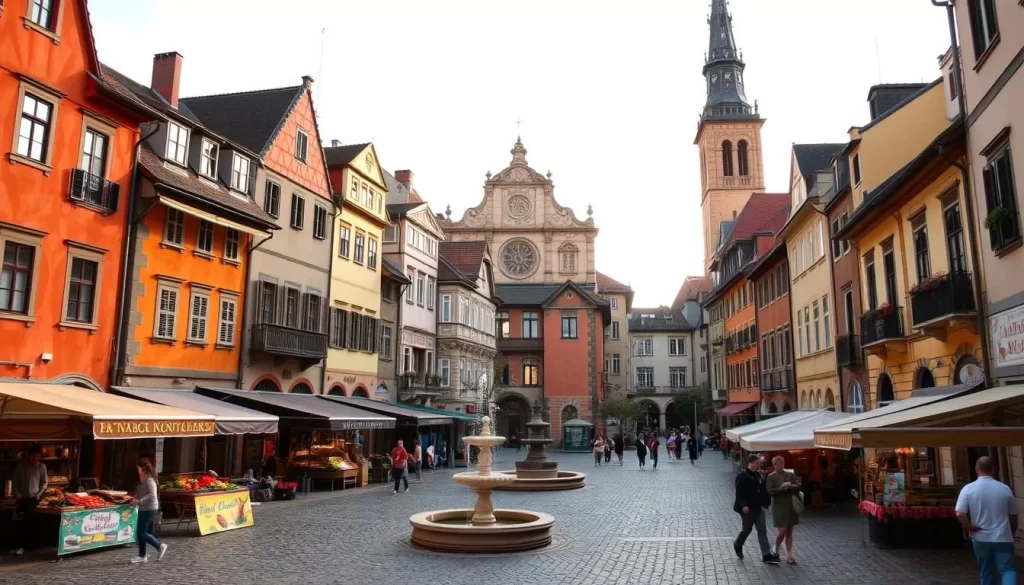 A picturesque historic city center nestled in a quaint Austrian town, with charming cobblestone streets, weathered buildings in warm ochre and terracotta hues, and ornate baroque architecture. In the foreground, a bustling market square with local vendors selling fresh produce and handcrafted goods. In the middle ground, pedestrians leisurely strolling through the pedestrian-only zone, admiring the ornate fountains and architectural details. The background features a towering cathedral with a distinctive spire, its intricate facades bathed in soft, golden afternoon light. An overall sense of timeless, old-world beauty and tranquility pervades the scene.