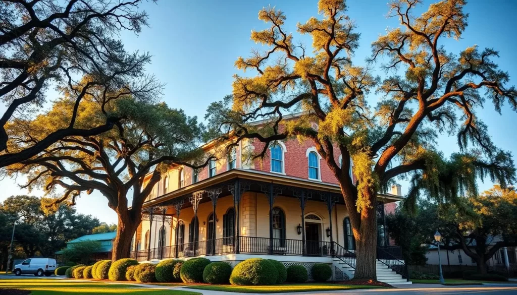 A picturesque historic landmark set against a clear blue sky, bathed in warm afternoon light. The stately, colonial-style building with its distinctive architecture stands proudly, surrounded by lush greenery and towering oak trees. Intricate wrought-iron details and a grand front porch create an inviting and charming atmosphere. The scene captures the essence of a quaint Southern town, exuding a timeless elegance and a sense of tranquility. Capture this iconic landmark in a medium shot, framed by the natural landscape to showcase its harmonious integration with the environment.