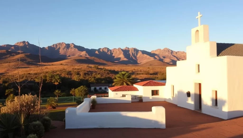 A picturesque historic mission station nestled in the rugged Namaqualand landscape. The Pella Mission Station, with its whitewashed walls and distinctive Cape Dutch architecture, stands in the foreground, casting soft shadows under the warm afternoon sun. The mid-ground features a lush, verdant garden dotted with indigenous flora, while the distant mountains rise majestically in the background, their peaks bathed in a golden glow. The scene exudes a serene, timeless atmosphere, inviting the viewer to step back in time and immerse themselves in the rich cultural heritage of this enchanting South African site.