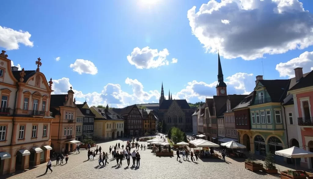 A picturesque historical town square in Eisenstadt, Austria, under a bright blue sky with fluffy white clouds. In the foreground, cobblestone streets and colorful buildings with ornate facades, including the iconic Esterházy Palace. In the middle ground, people strolling and exploring the charming pedestrian areas. In the background, the spires of the Bergkirche and other historic landmarks rise up, creating a harmonious blend of past and present. The scene is bathed in warm, golden sunlight, casting gentle shadows and highlighting the intricate architectural details. The overall atmosphere exudes a sense of timeless elegance and invites the viewer to step into this captivating Burgenland capital.