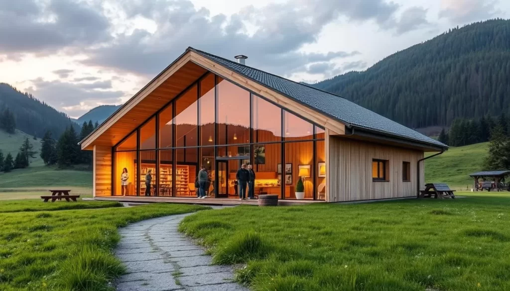 A picturesque information center nestled in the heart of Seewinkel National Park, Austria. A modern, single-story building with clean, angular architecture, surrounded by lush, verdant meadows and rolling hills. Warm, natural light filters through large windows, casting a cozy glow over the interior. Wooden accents and earth-toned furnishings create a harmonious, nature-inspired ambiance. Visitors are greeted by a friendly staff, eager to share insights and recommendations about the park's diverse flora, fauna, and hiking trails. An inviting, well-organized space that seamlessly blends functionality and environmental stewardship, perfectly suited to welcome and inform guests about the wonders of this picturesque protected area.