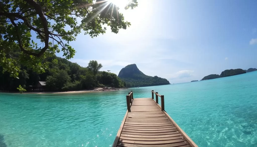 A picturesque island guide to Bohey Dulang, Malaysia. An idyllic tropical paradise with lush green forests, pristine white sand beaches, and crystal clear turquoise waters. Capture the island's natural beauty through a wide-angle lens, showcasing the dramatic landscape. Sunlight filters through the canopy, casting a warm glow over the serene scene. In the foreground, a wooden jetty extends into the calm waters, inviting visitors to explore the island's hidden coves and mangrove forests. The middle ground features a hill or small mountain rising up from the shore, its slopes covered in verdant vegetation. In the distance, the horizon is dotted with neighboring islands, creating a sense of tranquility and isolation. Convey a mood of relaxation, adventure, and connection with nature.