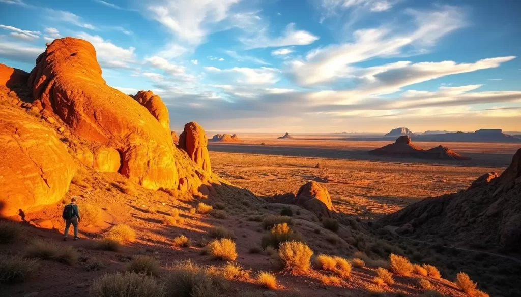 A picturesque landscape at Petroglyph National Monument, New Mexico, during the golden hour. Warm, directional sunlight illuminates the ancient rock carvings, casting dramatic shadows across the rugged terrain. In the foreground, a lone hiker explores the winding trails, surrounded by towering volcanic rock formations. The middle ground showcases the serene beauty of the monument, with distant buttes and mesas silhouetted against a vibrant sky. The overall atmosphere evokes a sense of timelessness and the wonder of connecting with the region's rich cultural heritage.