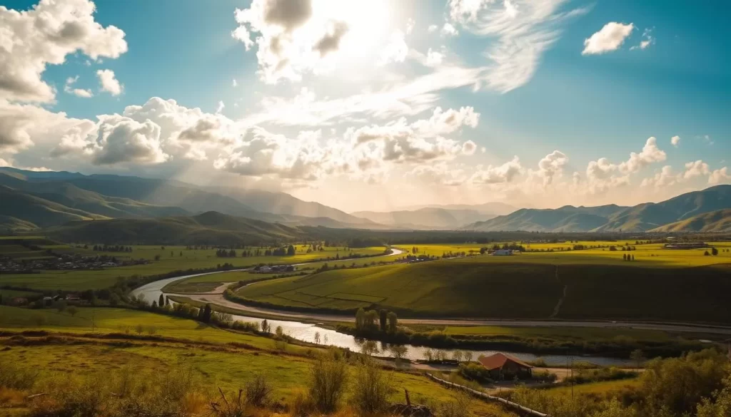 A picturesque landscape capturing the diverse weather conditions in Pakistan. In the foreground, a tranquil village scene with lush green fields and a winding river. In the middle distance, rolling hills and mountain peaks bathed in warm, golden sunlight. The sky above, a serene blend of fluffy white clouds and vibrant blue hues. Gentle breezes caress the scene, creating a sense of calm and serenity. The lighting is natural and soft, accentuating the vibrant colors and textures of the environment. This idyllic setting showcases the varied and temperate climate that makes Pakistan an enticing destination for weather-savvy travelers.