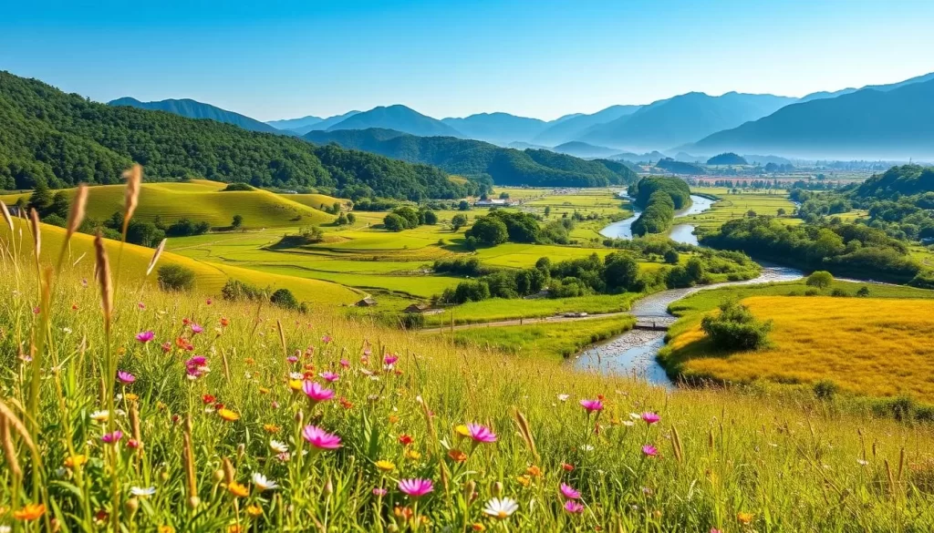 A picturesque landscape capturing the essence of Yilan County's climate. In the foreground, a lush meadow dotted with vibrant wildflowers sways gently in a warm breeze. The middle ground features rolling hills draped in verdant foliage, while in the distance, the majestic silhouettes of mountains rise against a clear, azure sky. Pristine streams and rivers wind their way through the idyllic scene, reflecting the soft, diffused sunlight that casts a serene glow over the entire composition. The overall mood is one of tranquility and natural harmony, inviting the viewer to immerse themselves in the captivating beauty of Yilan County's temperate, picturesque climate.