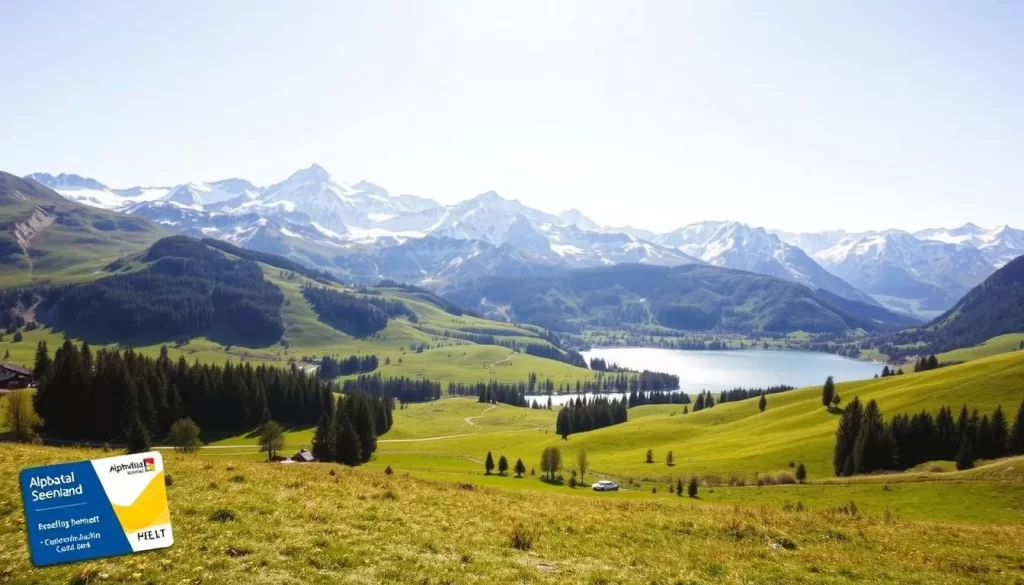 A picturesque landscape depicting the Alpbachtal Seenland, a scenic region in the Austrian Alps. The foreground showcases the benefits of the Alpbachtal Seenland Card, a pass that grants access to various attractions and activities. The middle ground features a tranquil alpine lake surrounded by lush green meadows and rolling hills. In the background, majestic snow-capped peaks rise against a bright, cloudless sky. The scene is bathed in warm, natural lighting, creating a serene and inviting atmosphere. The image conveys the natural beauty and recreational opportunities available to visitors holding the Alpbachtal Seenland Card.