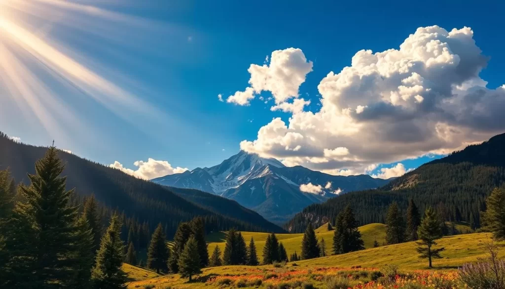 A picturesque landscape in Colorado's Rocky Mountains, bathed in warm, golden sunlight filtering through wispy cirrus clouds. In the foreground, lush pine forests and rolling green hills, dotted with vibrant wildflowers. The middle ground features a majestic, snow-capped mountain peak, its jagged edges casting dramatic shadows. In the distance, a bright blue sky with puffy cumulus clouds drifts lazily overhead. The scene exudes a sense of tranquility and serenity, perfect for weather-savvy travel in the Centennial State.