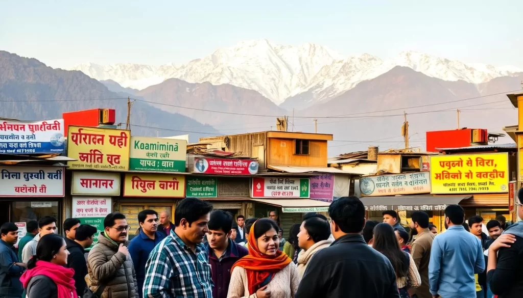 A picturesque landscape in Jammu and Kashmir, showcasing the vibrant linguistic diversity of the region. In the foreground, a group of locals engaged in lively conversations, their expressions animated as they converse in various regional dialects. The middle ground features colorful storefronts and signages, displaying the interweaving of Urdu, Kashmiri, Dogri, and Hindi scripts. In the background, majestic mountains rise, their snow-capped peaks reflecting the rich cultural tapestry that defines this unique corner of India. The scene is bathed in a warm, golden light, conveying a sense of harmony and tranquility. The overall composition captures the essence of the "Linguistic Landscape of Jammu and Kashmir."