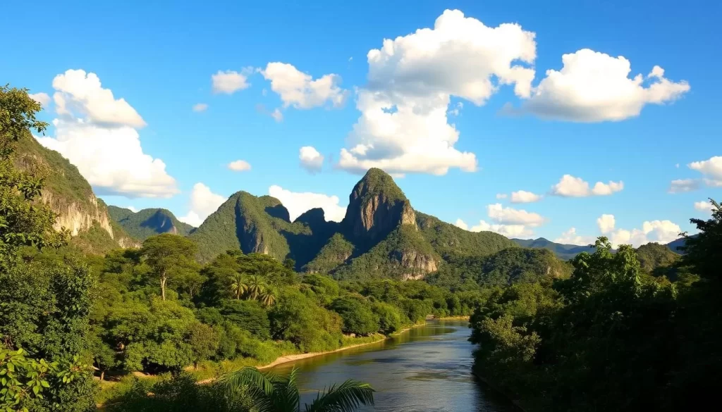 A picturesque landscape in Kanchanaburi, Thailand on a bright, sunny day. In the foreground, a tranquil river winds through lush, verdant foliage. In the middle ground, towering limestone cliffs rise up, casting dramatic shadows. The background features a clear, azure sky dotted with fluffy white clouds. The scene is bathed in warm, golden sunlight, creating a serene and inviting atmosphere. The camera captures this idyllic setting from a slightly elevated angle, showcasing the natural beauty and serene ambiance of Kanchanaburi in its best light.