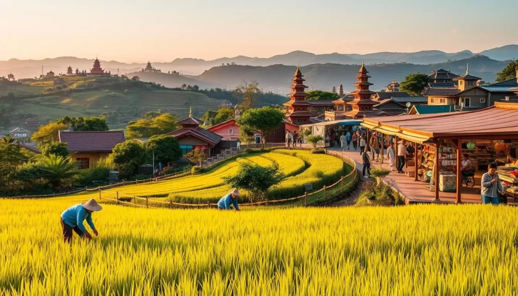 A picturesque landscape in Pingtung County, Taiwan, capturing the essence of its seasonal activities. In the foreground, locals engage in traditional farming practices, tending to lush rice paddies bathed in warm, golden sunlight. The middle ground features a bustling night market, where vibrant stalls offer an array of local delicacies and handcrafted goods. In the distance, rolling hills dotted with ancient temples and shrines create a serene, harmonious backdrop. The scene is infused with a sense of cultural vibrancy and timeless beauty, inviting the viewer to immerse themselves in the rich tapestry of Pingtung's seasonal offerings.
