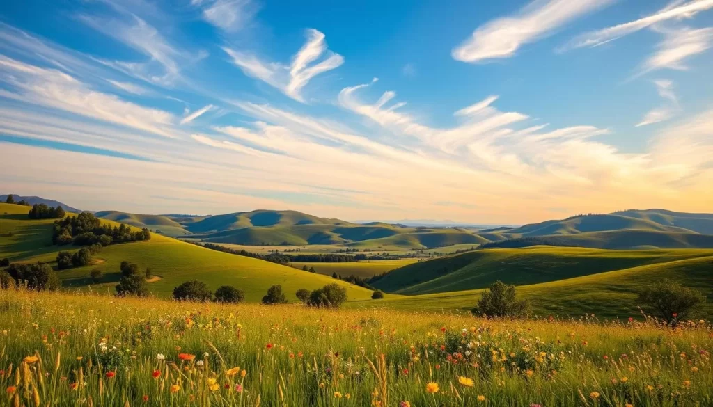 A picturesque landscape in South Dakota, showcasing the region's diverse weather patterns. In the foreground, a lush, verdant meadow filled with vibrant wildflowers sways gently in a light breeze. In the middle ground, majestic rolling hills stretch out, their slopes dotted with clusters of trees that cast soft, dappled shadows. The background is dominated by a dramatic, cloudless sky, painted in shades of azure and wispy cirrus clouds that glow warmly under the golden sunlight. The scene exudes a sense of tranquility and serenity, capturing the essence of South Dakota's idyllic weather during its most pleasant seasons.