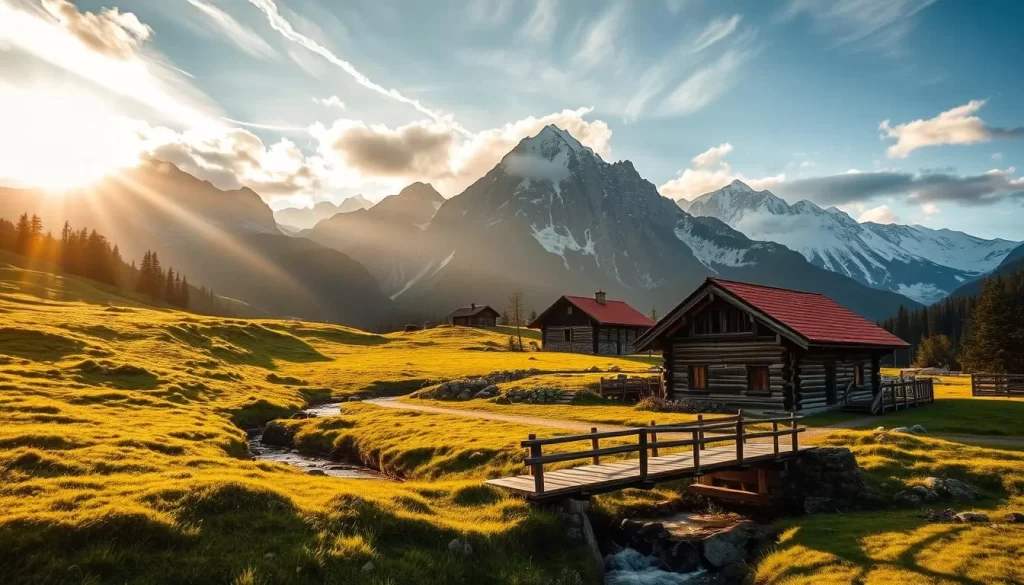 A picturesque landscape in the Hohe Tauern National Park, Austria. Rustic wooden mountain huts nestled amongst lush alpine meadows, surrounded by towering snow-capped peaks. Warm, golden sunlight filters through wispy clouds, casting a soft glow over the scene. In the foreground, a traditional wooden bridge crosses a babbling stream, inviting exploration. The middle ground features a cozy hut with a charming red roof, its windows aglow. In the distance, majestic mountains rise up, their rugged ridges and glaciers sparkling in the radiant light. An atmosphere of tranquility and connection with nature permeates the idyllic setting.