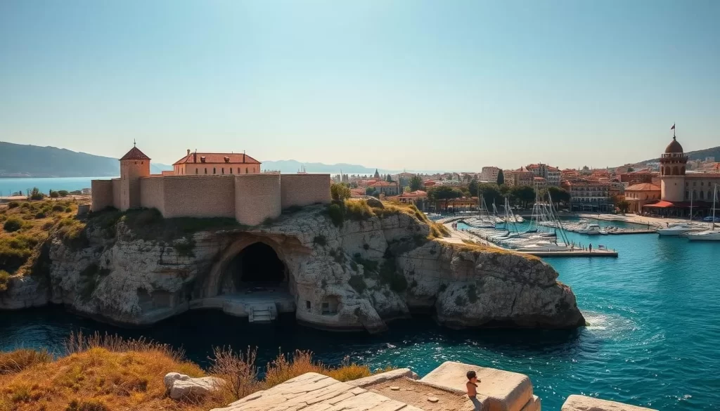 A picturesque landscape of Alanya's iconic attractions on a warm, sunny day. In the foreground, the imposing Seljuk-era Alanya Castle sits atop a rocky promontory, its red-tiled roofs and ancient stone walls gleaming in the golden light. In the middle ground, the vibrant Damlataş Cave draws visitors with its stunning stalactites and stalagmites. In the background, the shimmering turquoise waters of the Mediterranean Sea frame the scene, with the historic Red Tower and bustling marina providing a lively backdrop. The overall mood is one of tranquility and wonder, inviting the viewer to explore the captivating attractions of this Turkish coastal gem.