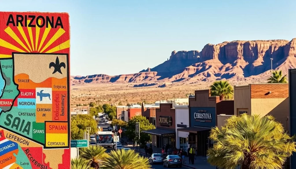 A picturesque landscape of Arizona, showcasing the diversity of languages spoken in the state. In the foreground, a vibrant mural depicting the state's official and widely used languages, including English, Spanish, and Native American dialects. The middle ground features a bustling street scene, with signage and interactions reflecting the linguistic tapestry of the region. In the background, the majestic Sonoran Desert landscape provides a stunning natural backdrop, bathed in warm, golden sunlight. The overall scene conveys a sense of cultural richness and linguistic harmony, capturing the essence of Arizona's multilingual identity.
