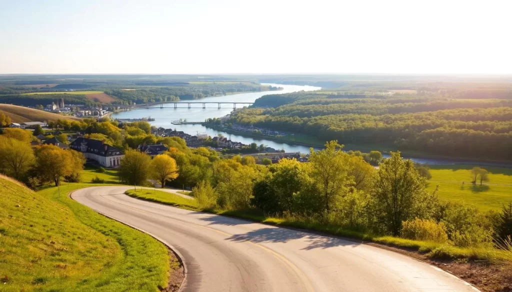 A picturesque landscape of Bellevue, Iowa, captured on a bright, sunny day. In the foreground, a winding road leads the viewer's gaze towards the quaint town, its historic buildings and charming architecture nestled among rolling hills. In the middle ground, the serene Mississippi River flows peacefully, its shimmering waters reflecting the clear sky above. In the background, lush forests and verdant fields create a serene and inviting atmosphere, evoking a sense of tranquility and natural beauty. The scene is illuminated by warm, golden sunlight, casting a warm glow over the entire composition and creating a welcoming and inviting atmosphere, perfect for planning a memorable trip to Bellevue.