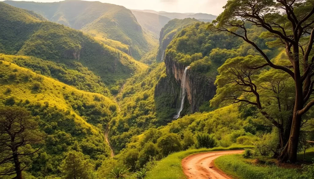 A picturesque landscape of Fazao-Malfakassa National Park, Togo. Rolling hills covered in lush, verdant foliage stretch out to the horizon, dotted with towering waterfalls cascading over rugged cliffs. Sunlight filters through the canopy of ancient, twisted trees, casting a warm, golden glow across the tranquil forest floor. In the foreground, a winding path leads visitors deeper into this serene, untamed wilderness, inviting exploration. The overall scene exudes a sense of peaceful solitude, perfectly capturing the natural beauty and serene atmosphere of this remarkable day trip destination from Sokodé.